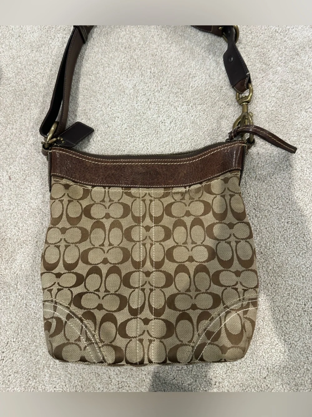 Coach Brown Monogram Shoulder Bag with Dark Trim
